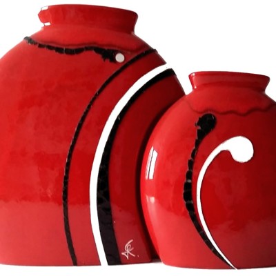Vase rot - Keramik mit aufgesetztenLederstreifen